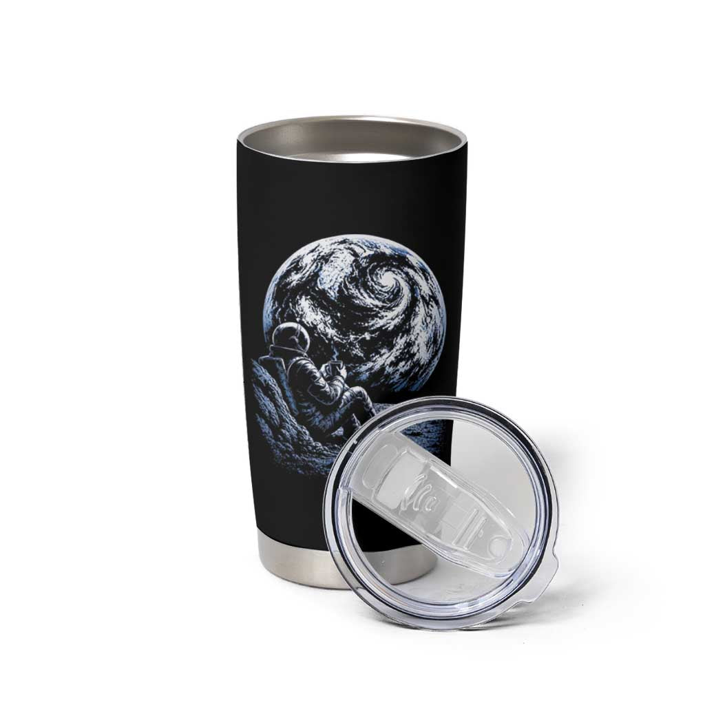 Astronaut Drinking Coffee On The Moon Graphic Tumbler Cup Vintage Sci Fi Earth Horizon Space Explorer