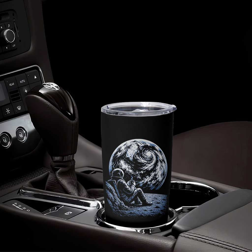 Astronaut Drinking Coffee On The Moon Graphic Tumbler Cup Vintage Sci Fi Earth Horizon Space Explorer