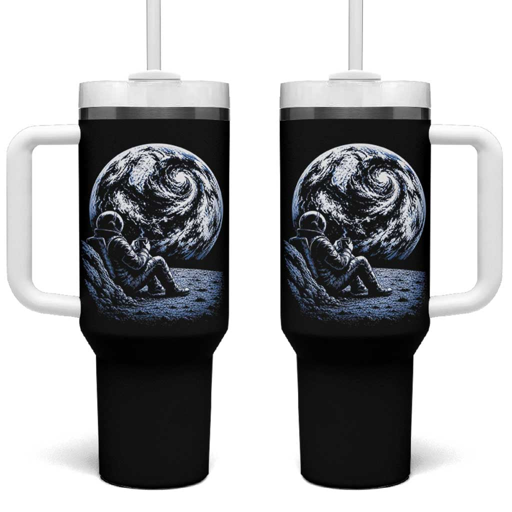 Astronaut Drinking Coffee On The Moon Graphic Tumbler With Handle Vintage Sci Fi Earth Horizon Space Explorer