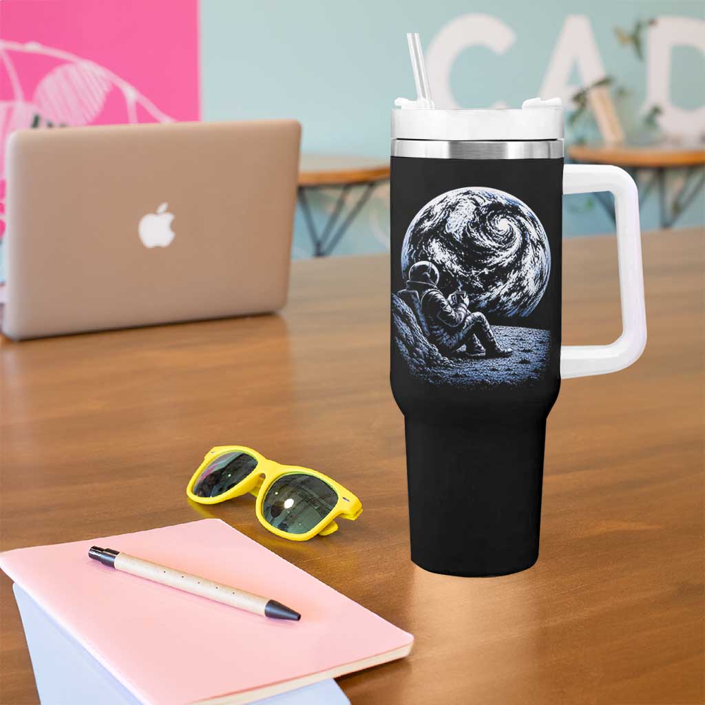 Astronaut Drinking Coffee On The Moon Graphic Tumbler With Handle Vintage Sci Fi Earth Horizon Space Explorer