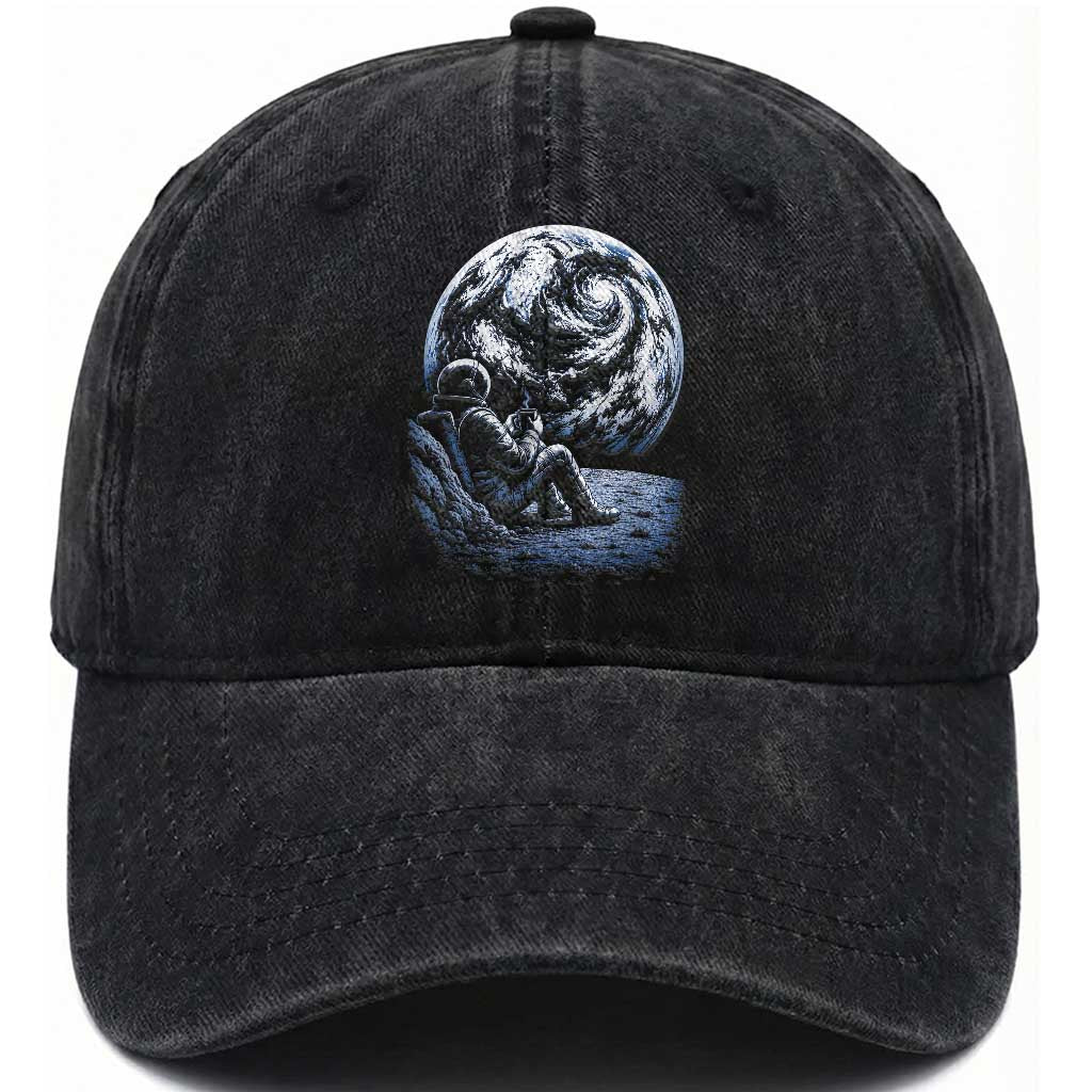 Astronaut Drinking Coffee On The Moon Graphic Washed Cotton Baseball Cap Vintage Sci Fi Earth Horizon Space Explorer
