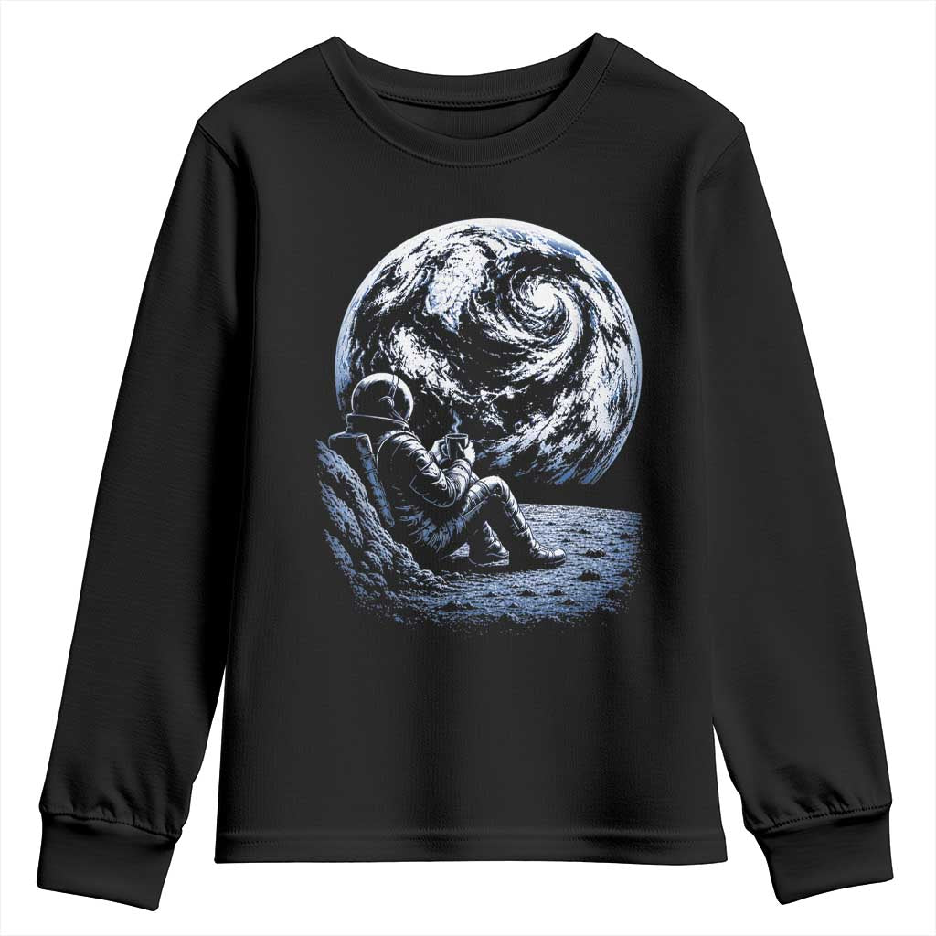 Astronaut Drinking Coffee On The Moon Graphic Youth Sweatshirt Vintage Sci Fi Earth Horizon Space Explorer