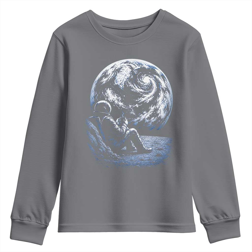 Astronaut Drinking Coffee On The Moon Graphic Youth Sweatshirt Vintage Sci Fi Earth Horizon Space Explorer