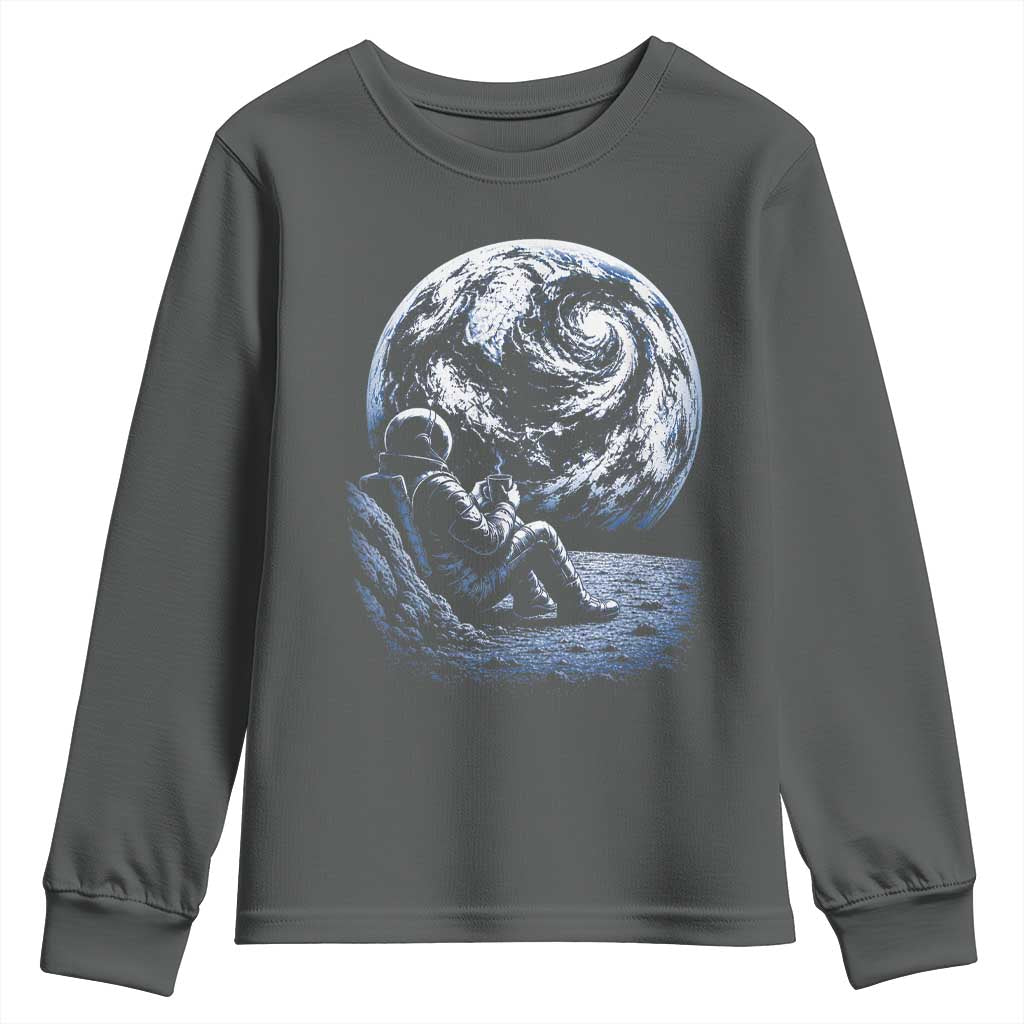 Astronaut Drinking Coffee On The Moon Graphic Youth Sweatshirt Vintage Sci Fi Earth Horizon Space Explorer