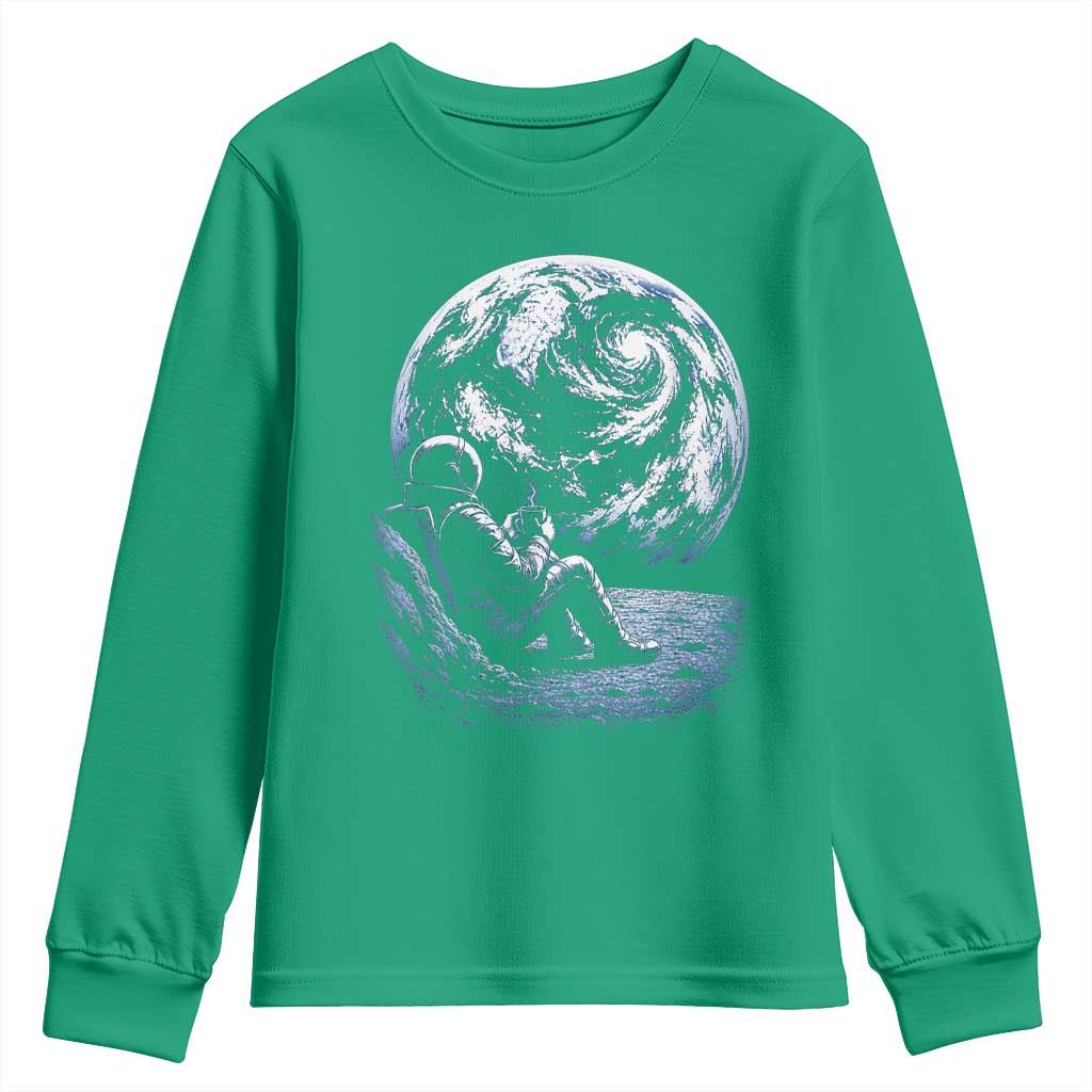 Astronaut Drinking Coffee On The Moon Graphic Youth Sweatshirt Vintage Sci Fi Earth Horizon Space Explorer