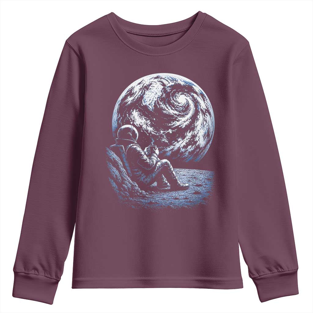 Astronaut Drinking Coffee On The Moon Graphic Youth Sweatshirt Vintage Sci Fi Earth Horizon Space Explorer