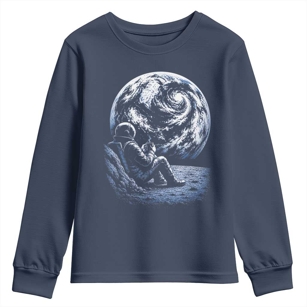 Astronaut Drinking Coffee On The Moon Graphic Youth Sweatshirt Vintage Sci Fi Earth Horizon Space Explorer