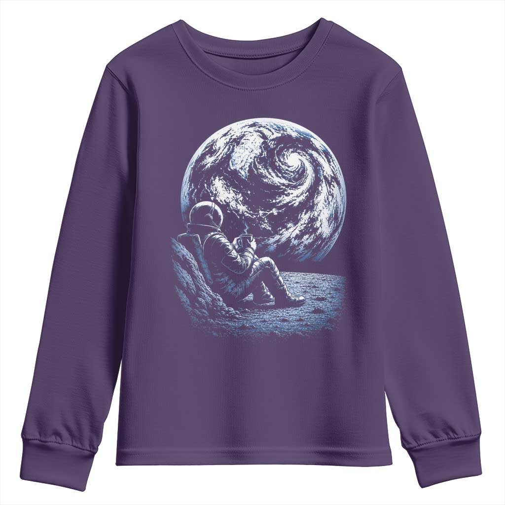 Astronaut Drinking Coffee On The Moon Graphic Youth Sweatshirt Vintage Sci Fi Earth Horizon Space Explorer