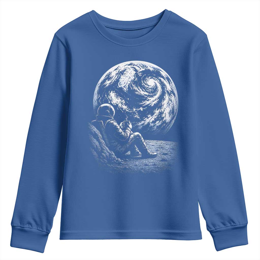 Astronaut Drinking Coffee On The Moon Graphic Youth Sweatshirt Vintage Sci Fi Earth Horizon Space Explorer