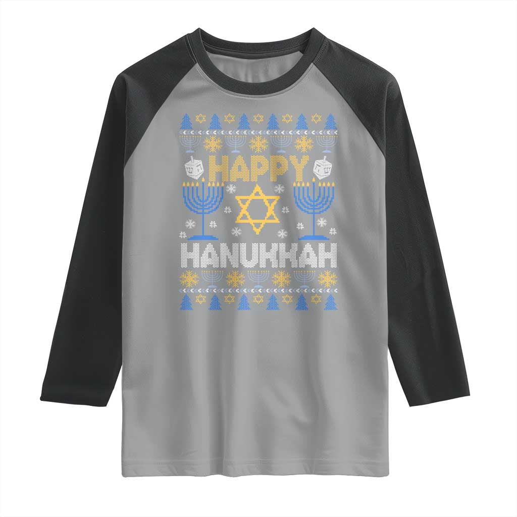Happy Hanukkah Raglan Shirt Jewish Festival of Lights Hanukkiah Menorah Ugly Chanukah