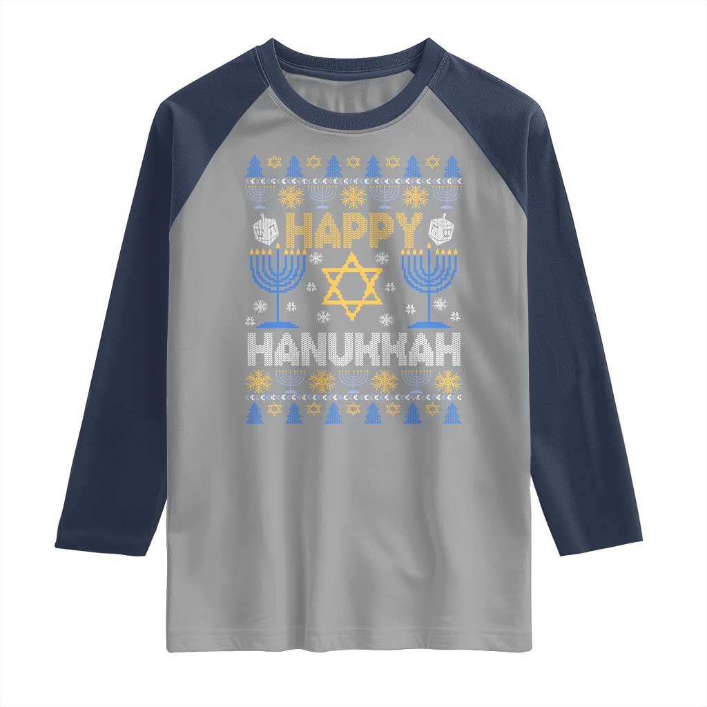Happy Hanukkah Raglan Shirt Jewish Festival of Lights Hanukkiah Menorah Ugly Chanukah
