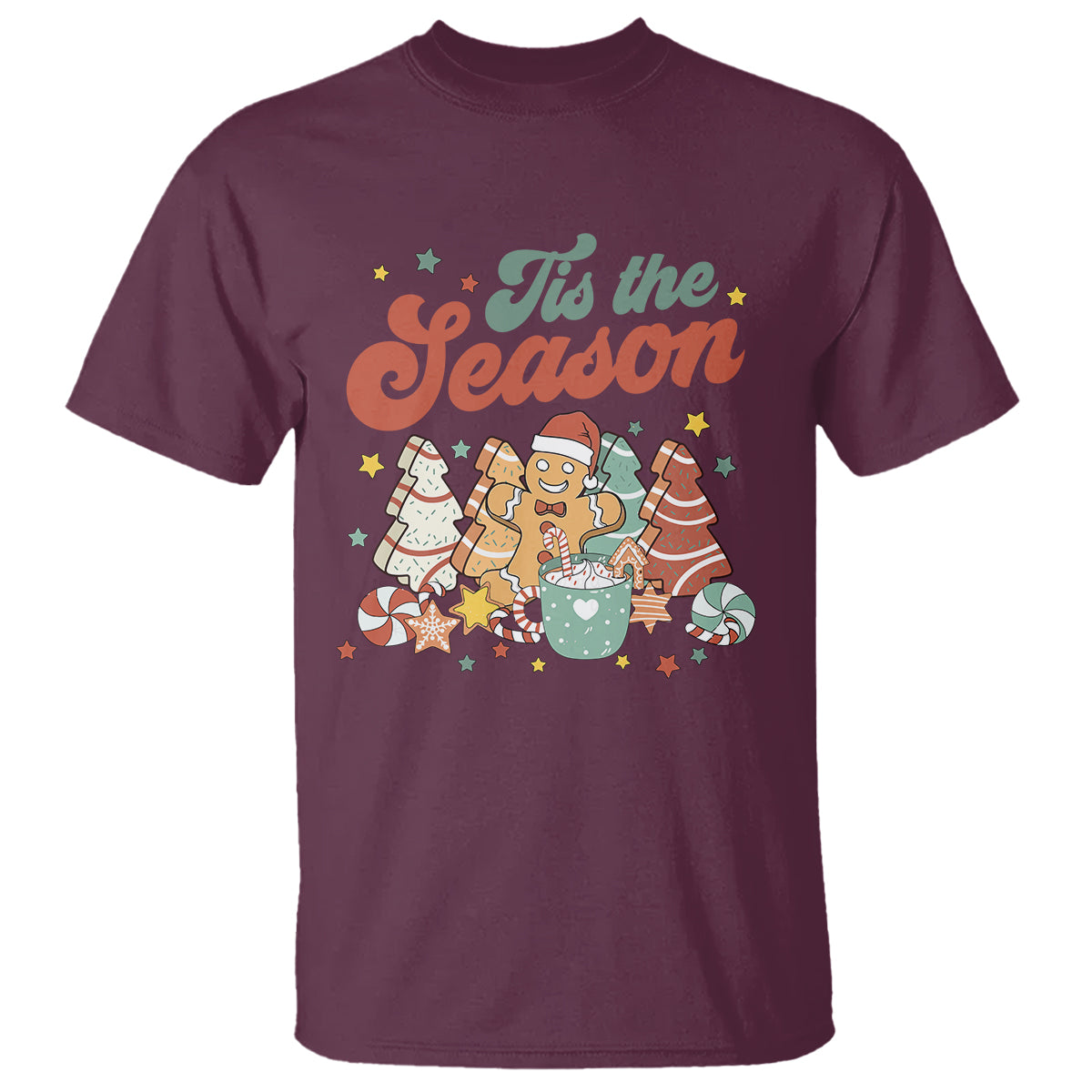 Christmas Cookies T Shirt Tis The Season Xmas Tree Cakes Gingerbread Man Retro Groovy - Wonder Print Shop