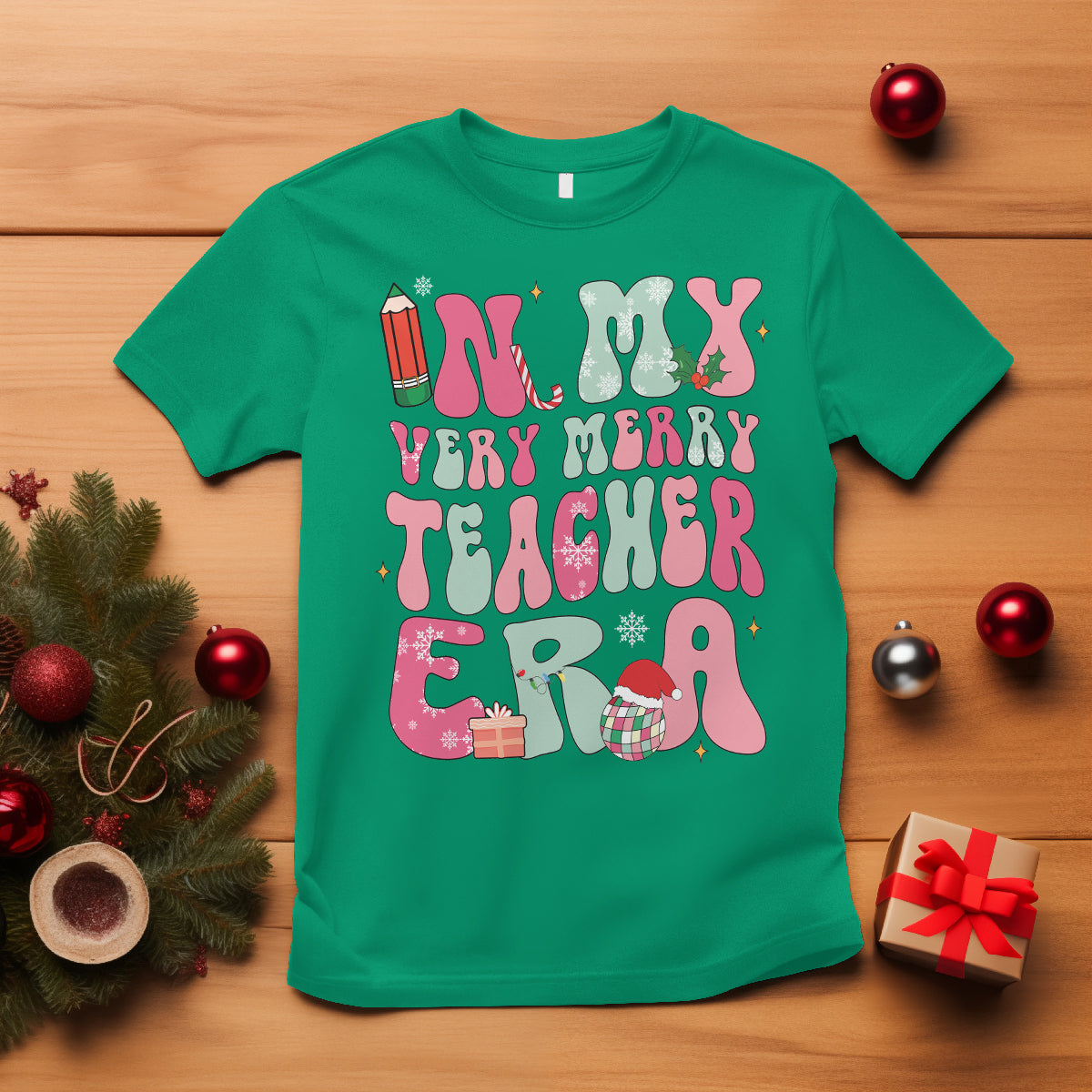 In My Very Merry Teacher Era Xmas Groovy Christmas T Shirt - Wonder Print Shop