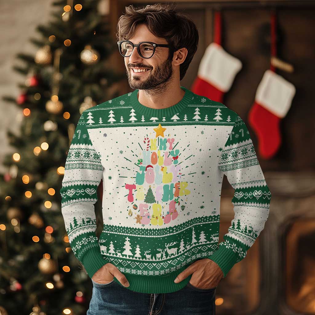 In My Holly Jolly Teacher Era Xmas Groovy Christmas Tree Ugly Christmas Sweater - Wonder Print Shop