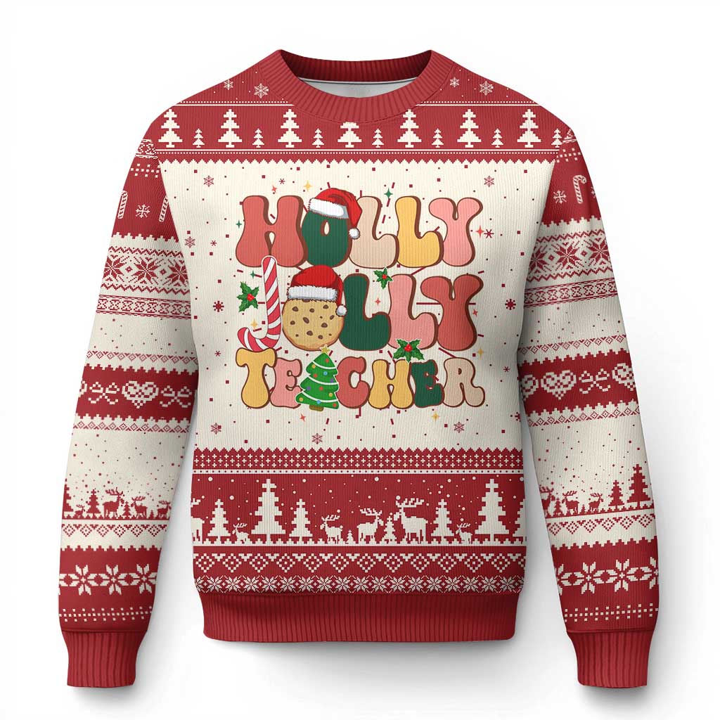 Groovy Holly Jolly Teacher Christmas Retro Xmas Ugly Christmas Sweater - Wonder Print Shop