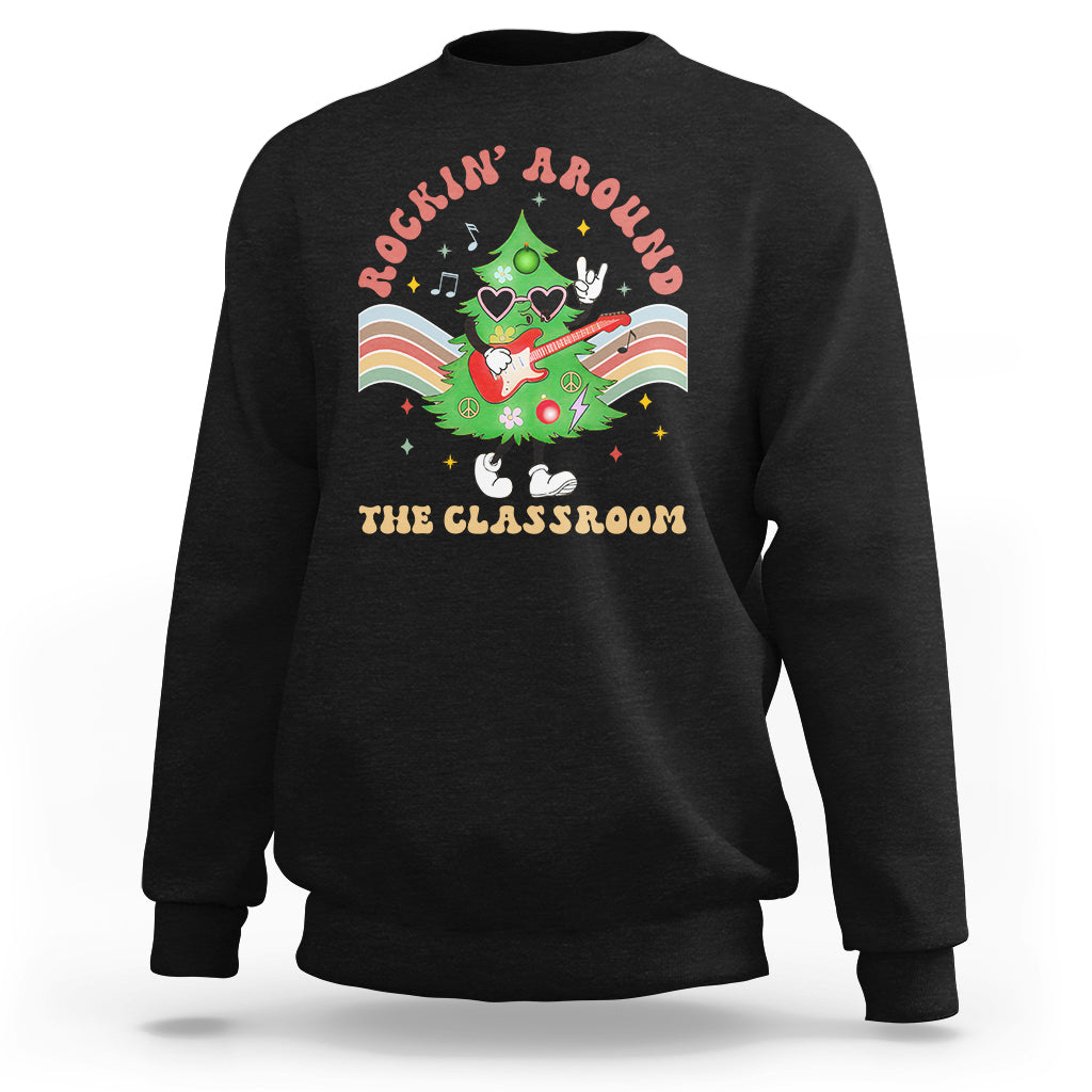 Teacher Christmas Sweatshirt Rockin' Around The Classroom Groovy Xmas Tree - Wonder Print Shop