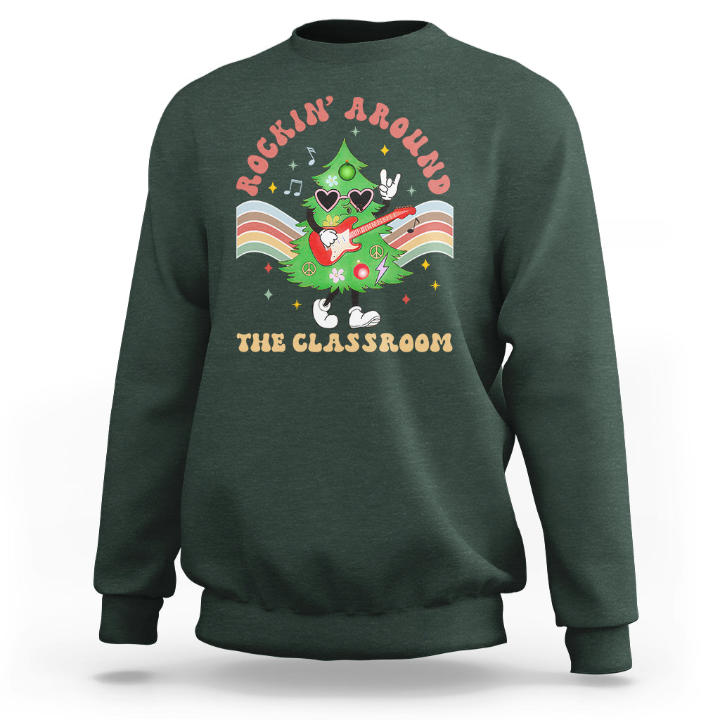 Teacher Christmas Sweatshirt Rockin' Around The Classroom Groovy Xmas Tree - Wonder Print Shop