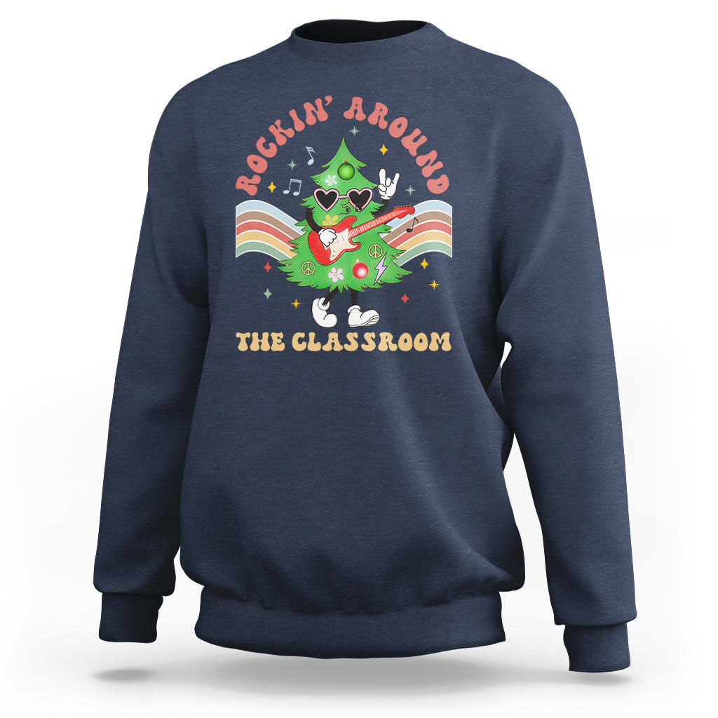 Teacher Christmas Sweatshirt Rockin' Around The Classroom Groovy Xmas Tree - Wonder Print Shop