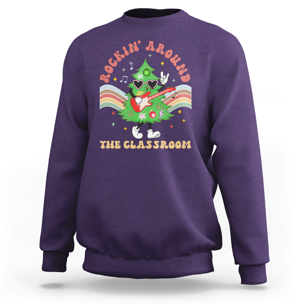 Teacher Christmas Sweatshirt Rockin' Around The Classroom Groovy Xmas Tree - Wonder Print Shop