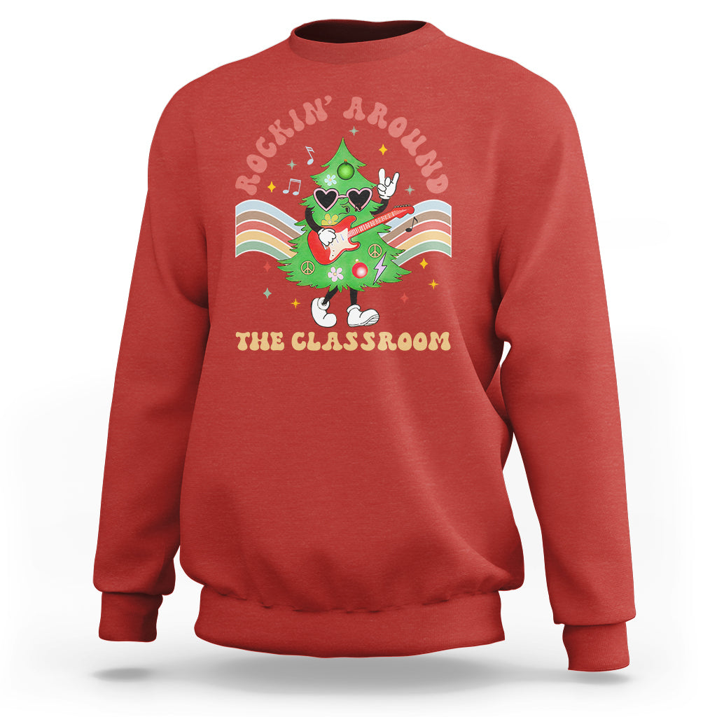 Teacher Christmas Sweatshirt Rockin' Around The Classroom Groovy Xmas Tree - Wonder Print Shop