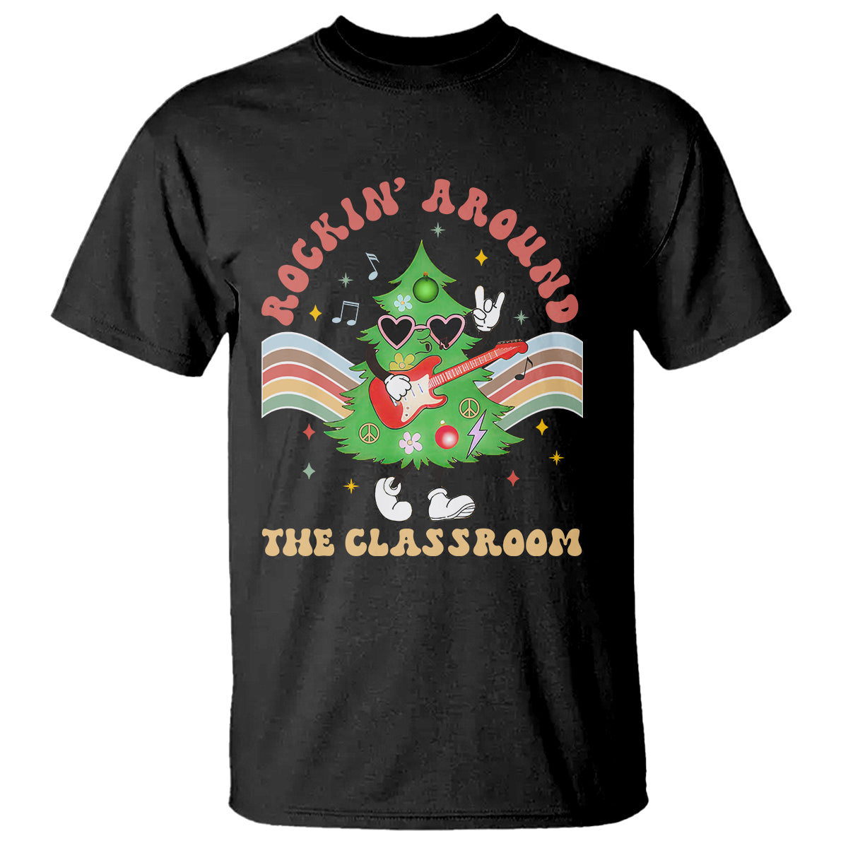 Teacher Christmas T Shirt Rockin' Around The Classroom Groovy Xmas Tree - Wonder Print Shop