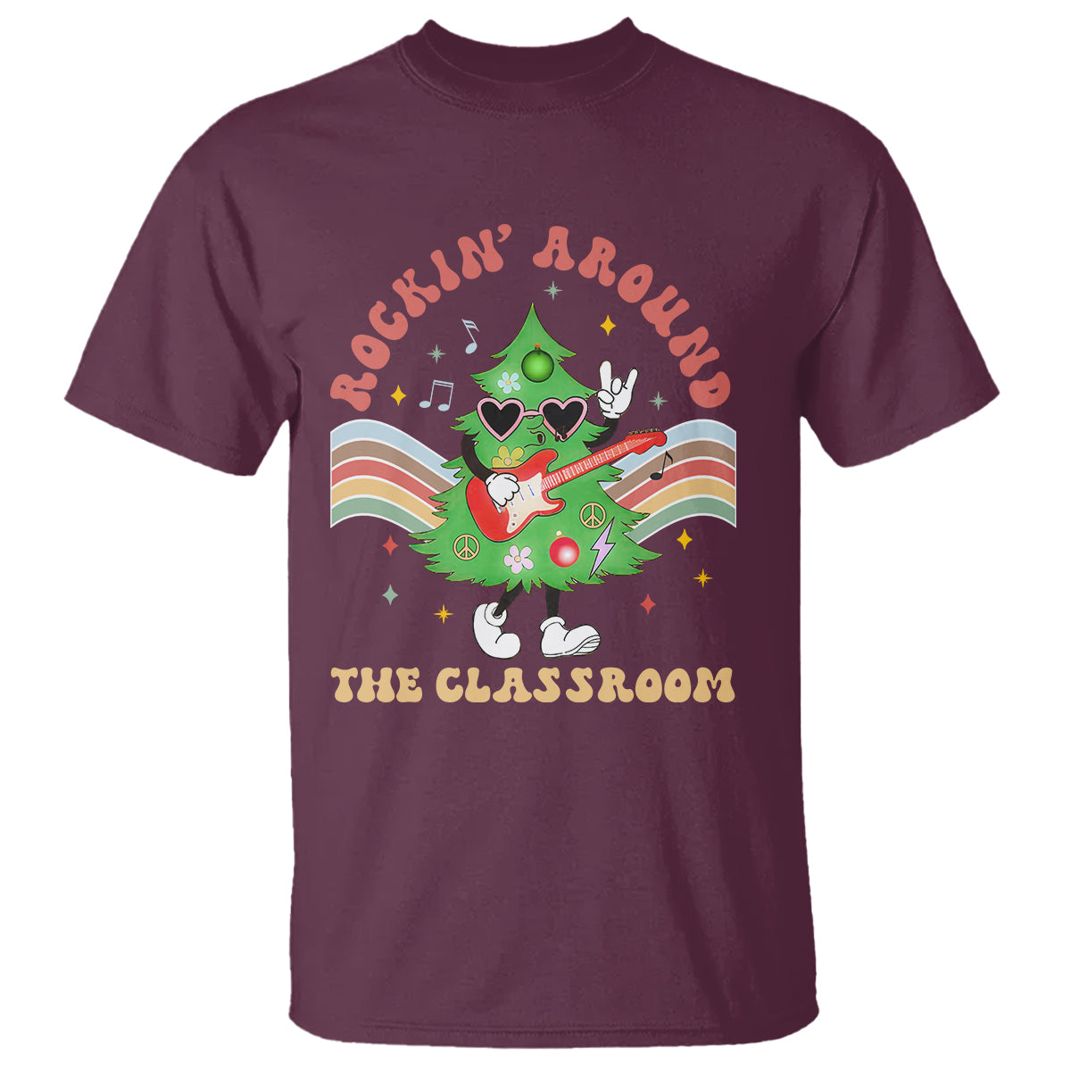 Teacher Christmas T Shirt Rockin' Around The Classroom Groovy Xmas Tree - Wonder Print Shop
