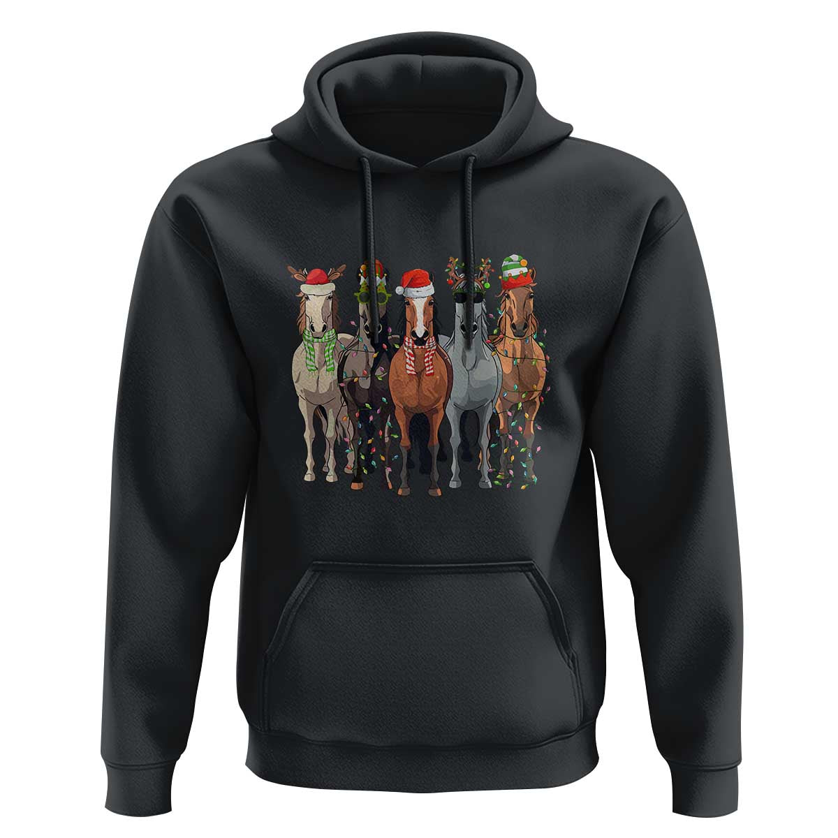 Funny Christmas Horse Hoodie Xmas Light Reindeer Horses Crew with Santa Hat