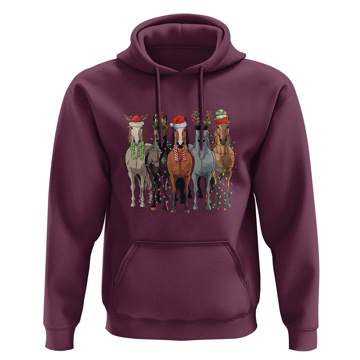 Funny Christmas Horse Hoodie Xmas Light Reindeer Horses Crew with Santa Hat