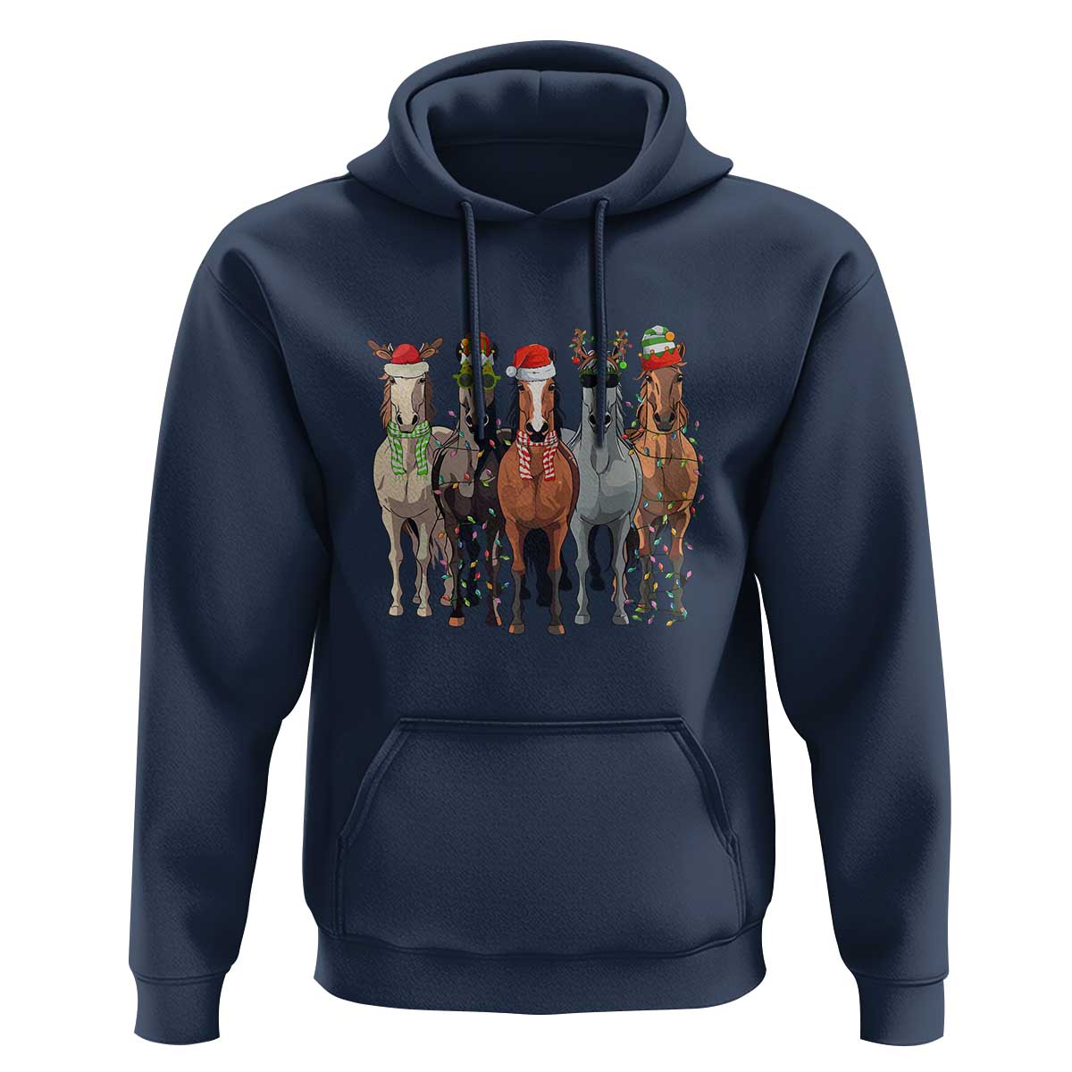 Funny Christmas Horse Hoodie Xmas Light Reindeer Horses Crew with Santa Hat