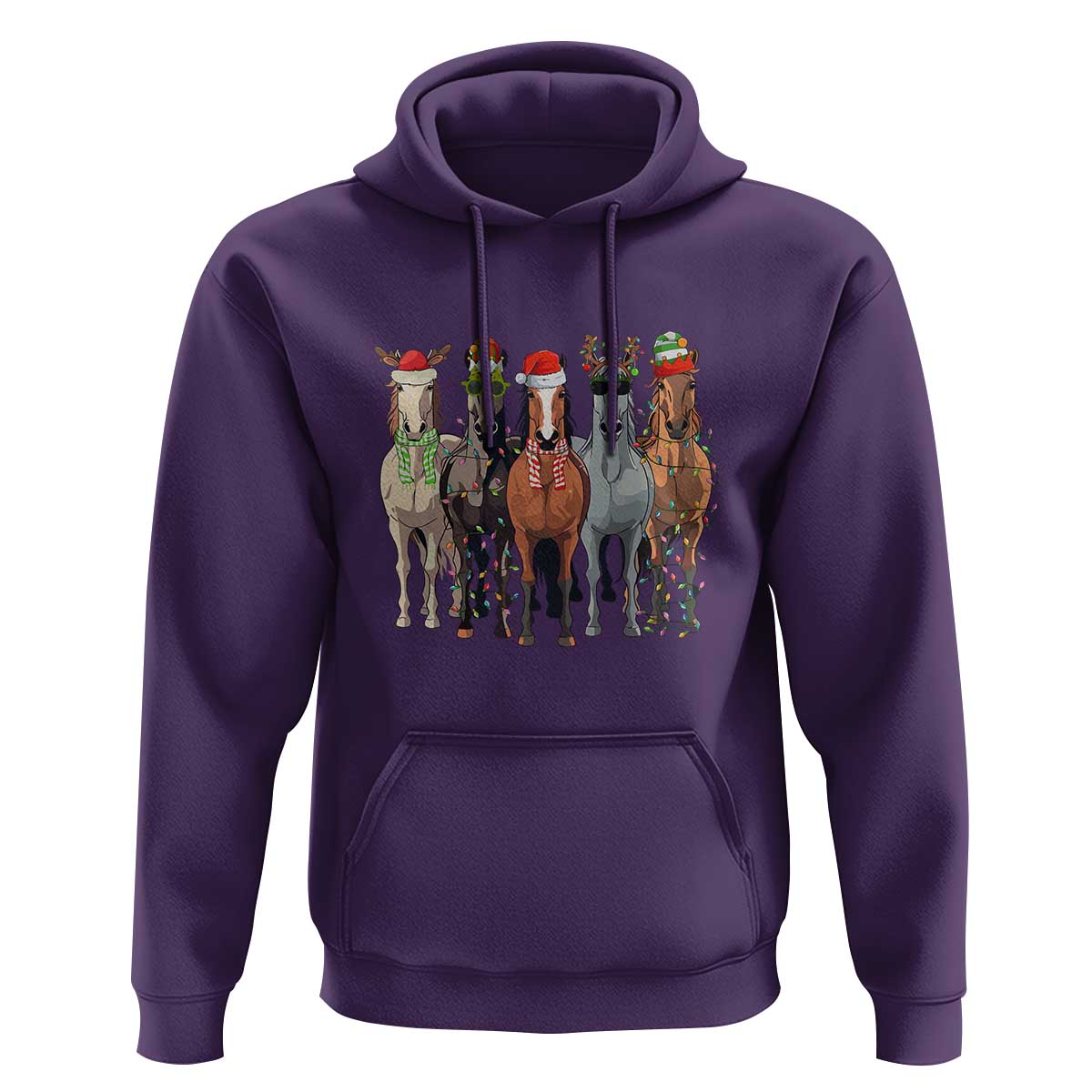 Funny Christmas Horse Hoodie Xmas Light Reindeer Horses Crew with Santa Hat
