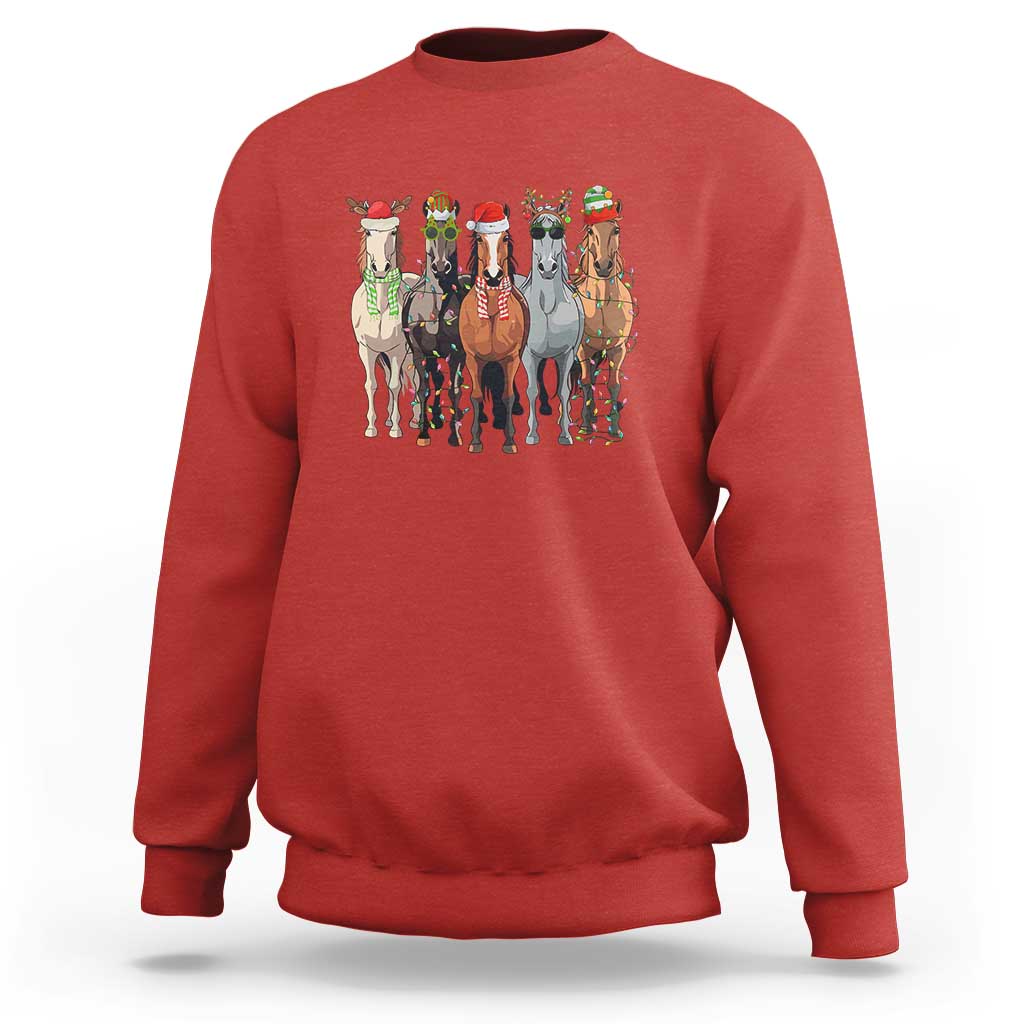 Funny Christmas Horse Sweatshirt Xmas Light Reindeer Horses Crew with Santa Hat - Wonder Print Shop