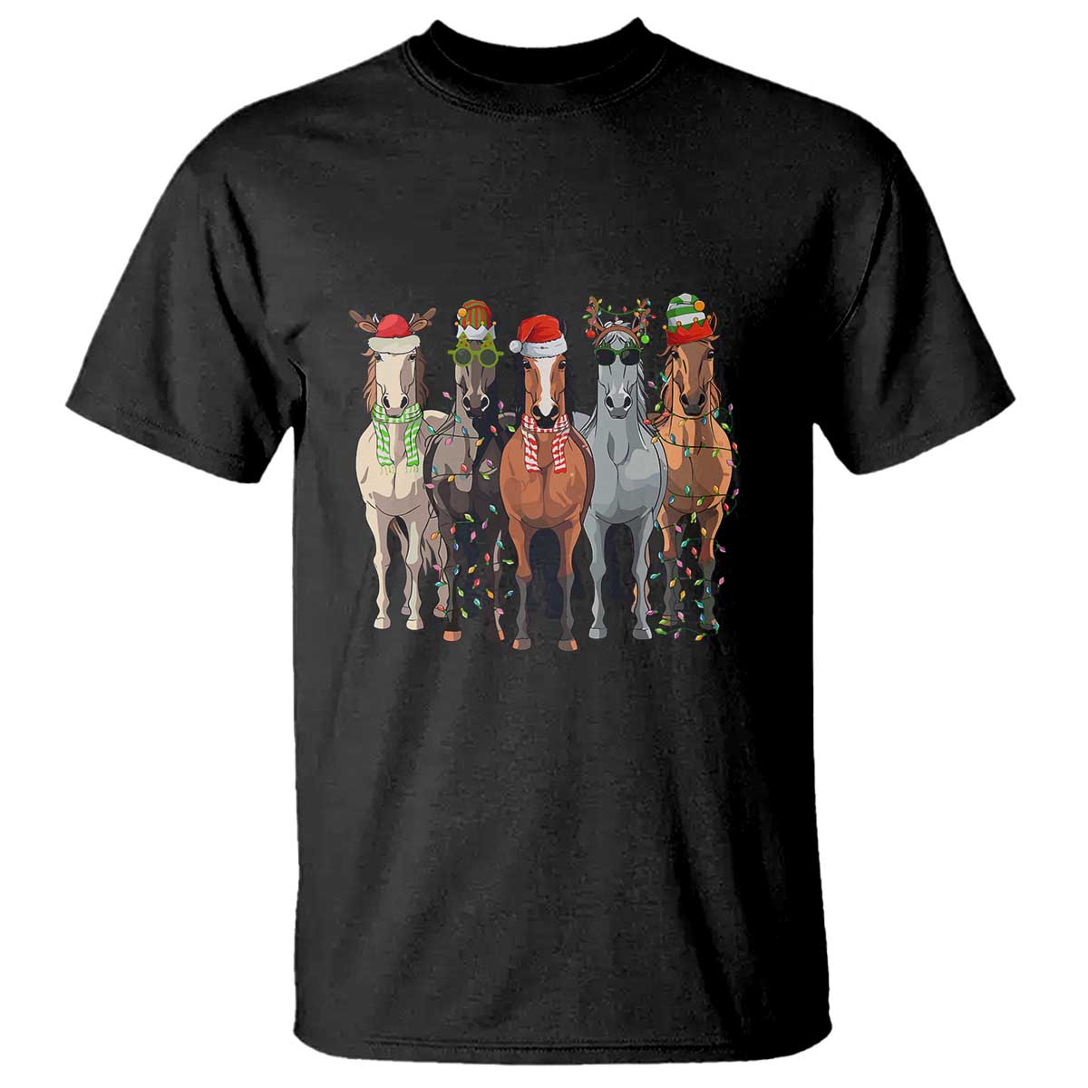 Funny Christmas Horse T Shirt Xmas Light Reindeer Horses Crew with Santa Hat - Wonder Print Shop