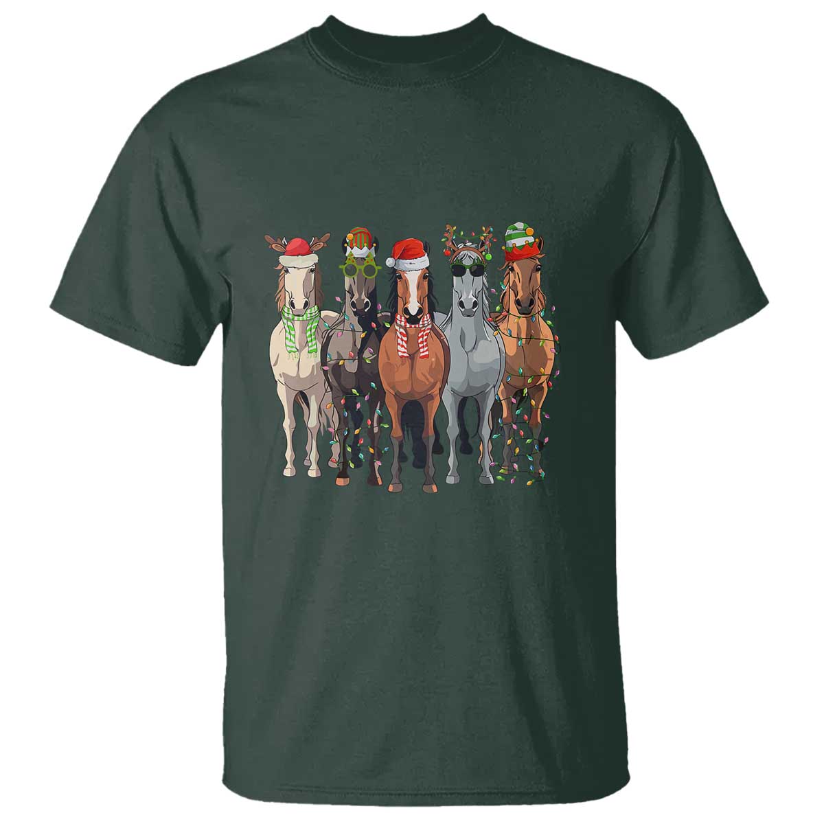 Funny Christmas Horse T Shirt Xmas Light Reindeer Horses Crew with Santa Hat - Wonder Print Shop