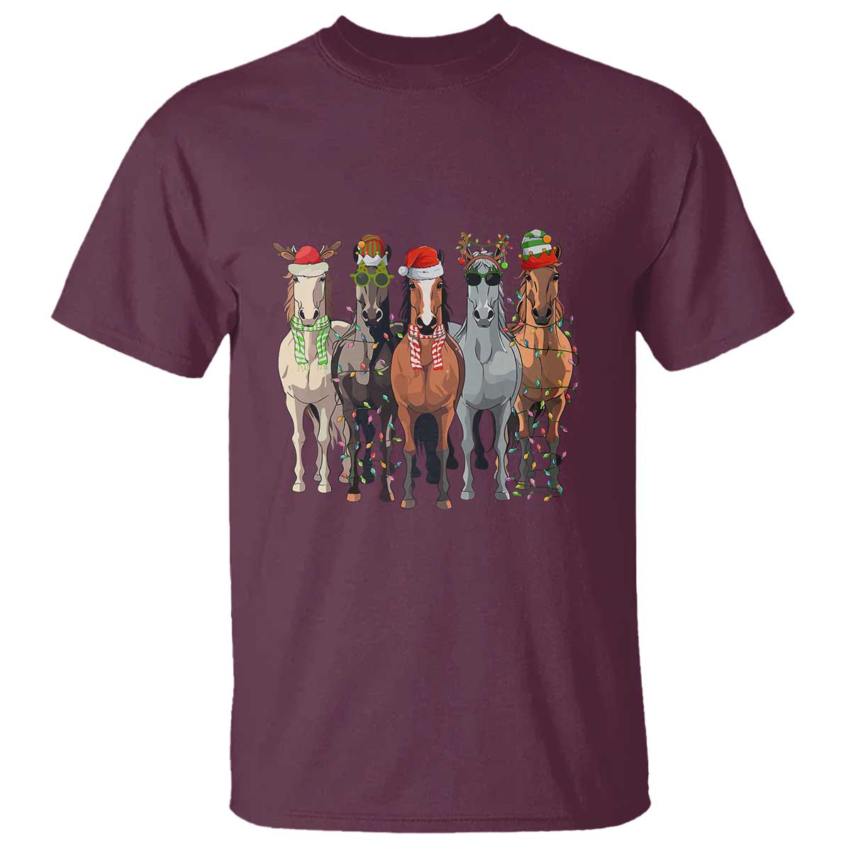 Funny Christmas Horse T Shirt Xmas Light Reindeer Horses Crew with Santa Hat - Wonder Print Shop