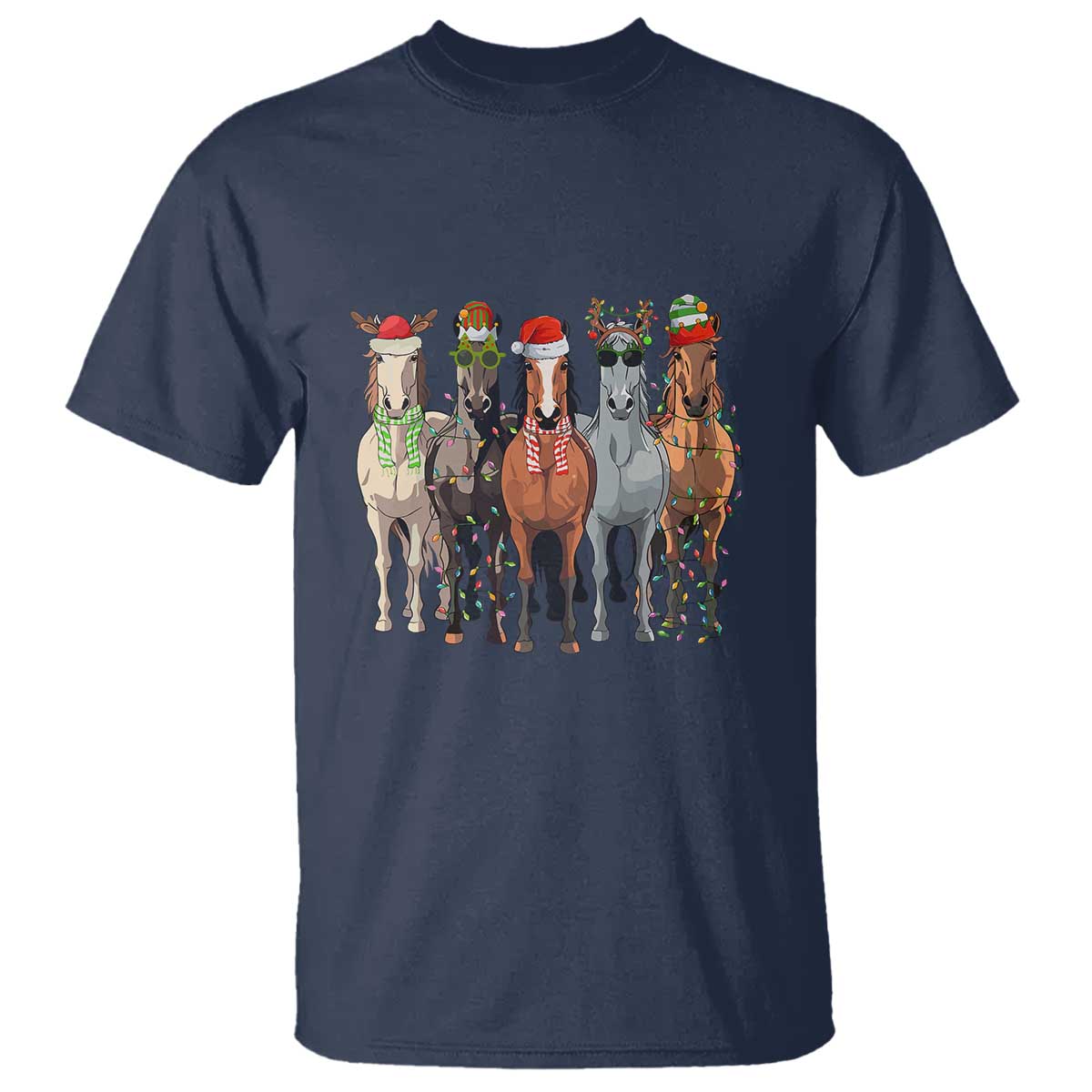 Funny Christmas Horse T Shirt Xmas Light Reindeer Horses Crew with Santa Hat - Wonder Print Shop