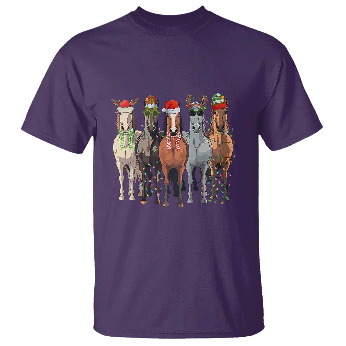 Funny Christmas Horse T Shirt Xmas Light Reindeer Horses Crew with Santa Hat - Wonder Print Shop