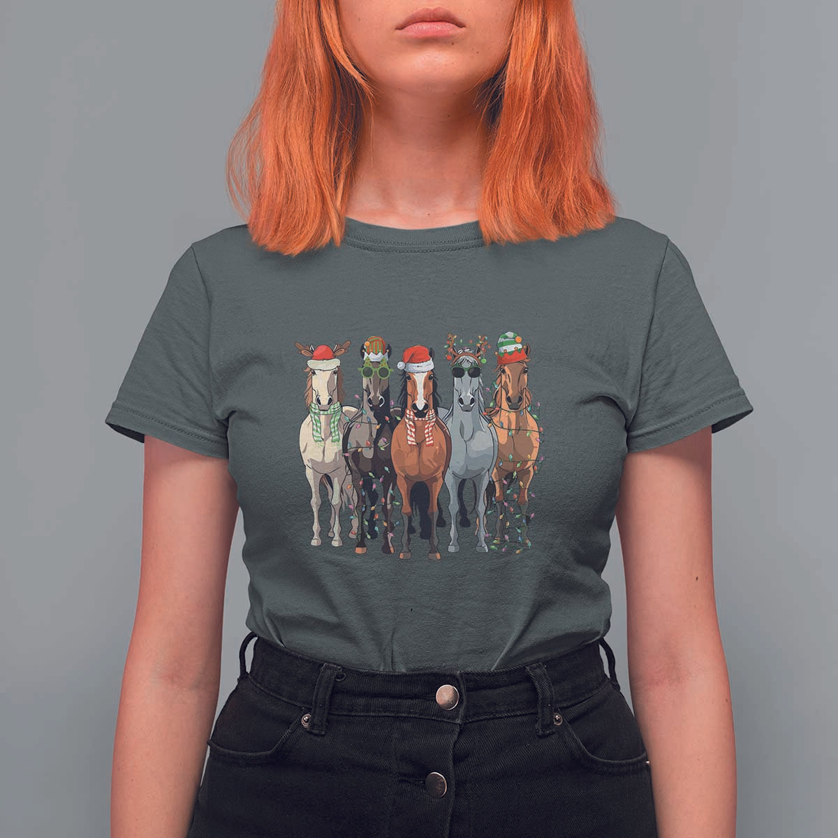 Funny Christmas Horse T Shirt For Women Xmas Light Reindeer Horses Crew with Santa Hat - Wonder Print Shop