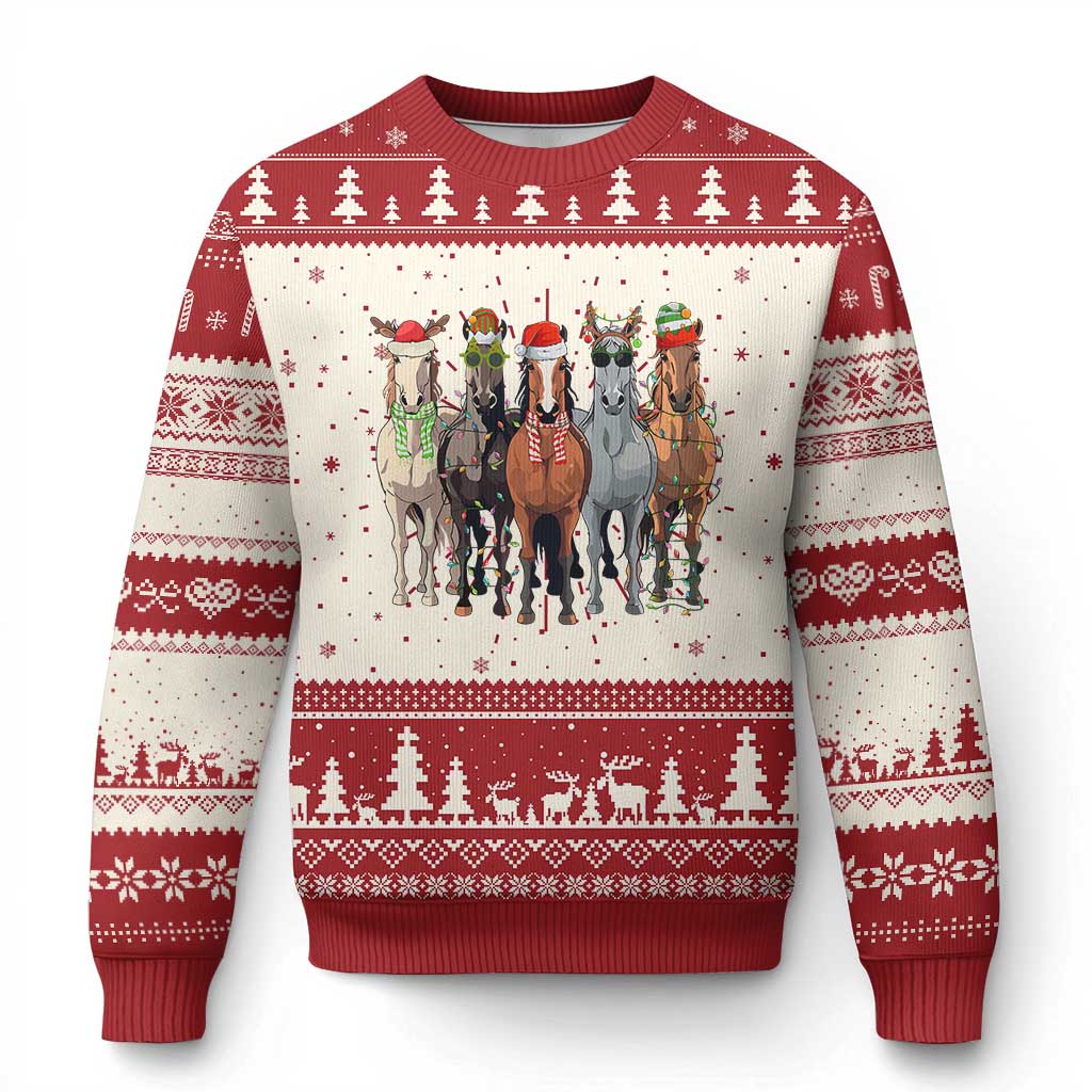 Funny Xmas Horse Ugly Christmas Sweater Xmas Light Reindeer Horses Crew with Santa Hat - Wonder Print Shop