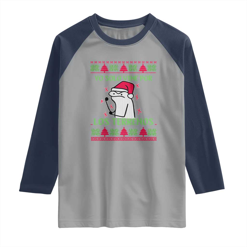 Funny Spanish Ugly Christmas Raglan Shirt Yo Solo Vine Por Los Terrenos I'm Just Here For Feliz Navidad