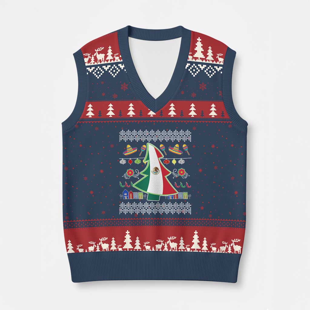 Mexican Xmas V-Neck Knit Sweater Vest Mexico Flag Xmas Tree Ugly Sweater - Wonder Print Shop