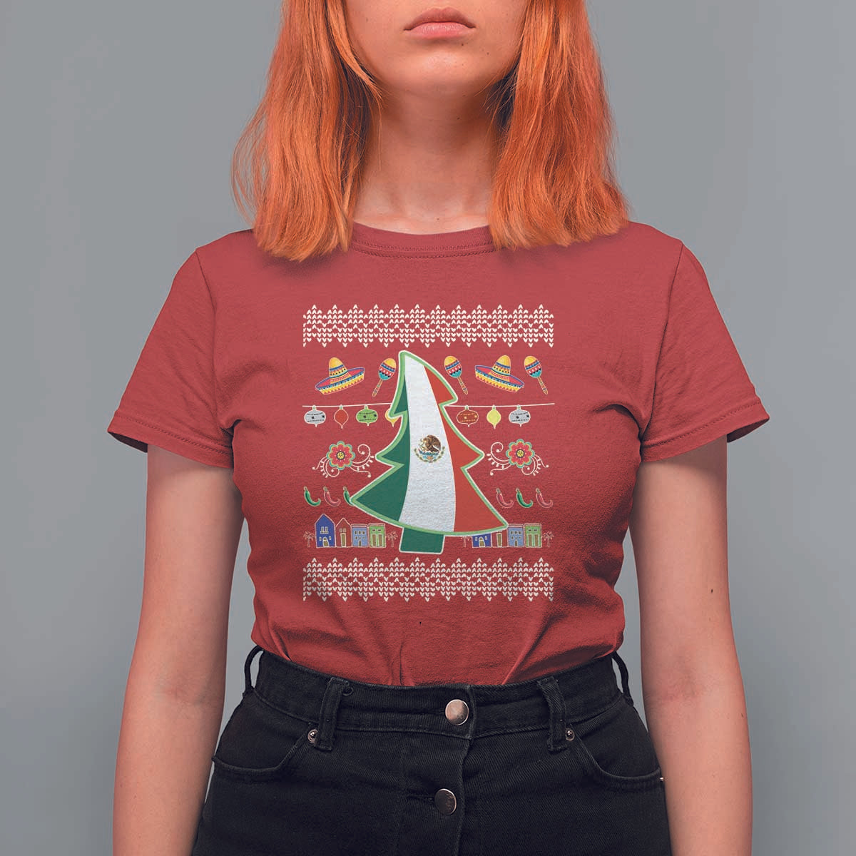 Mexican Christmas T Shirt For Women Mexico Flag Xmas Tree Ugly Sweater - Wonder Print Shop