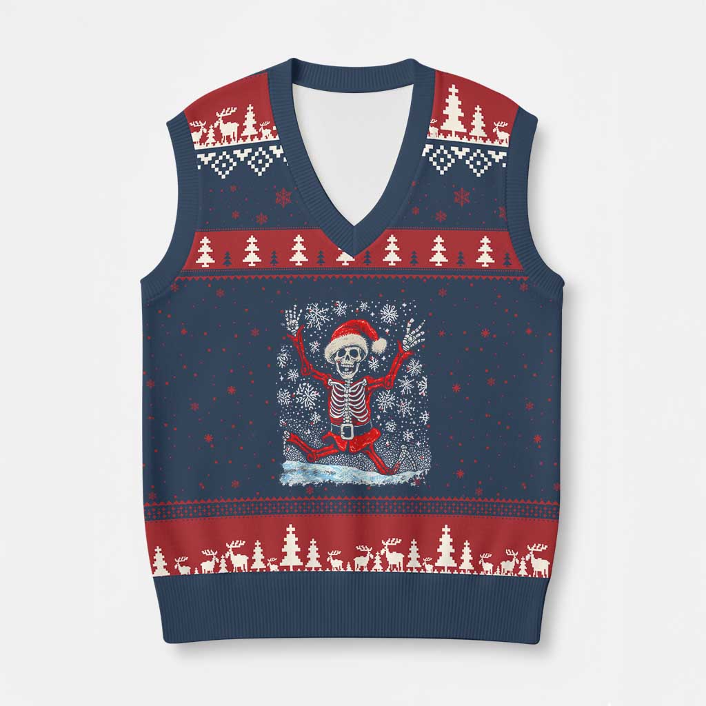 Dancing Skeleton Xmas V-Neck Knit Sweater Vest Snowy Xmas Night Santa - Wonder Print Shop