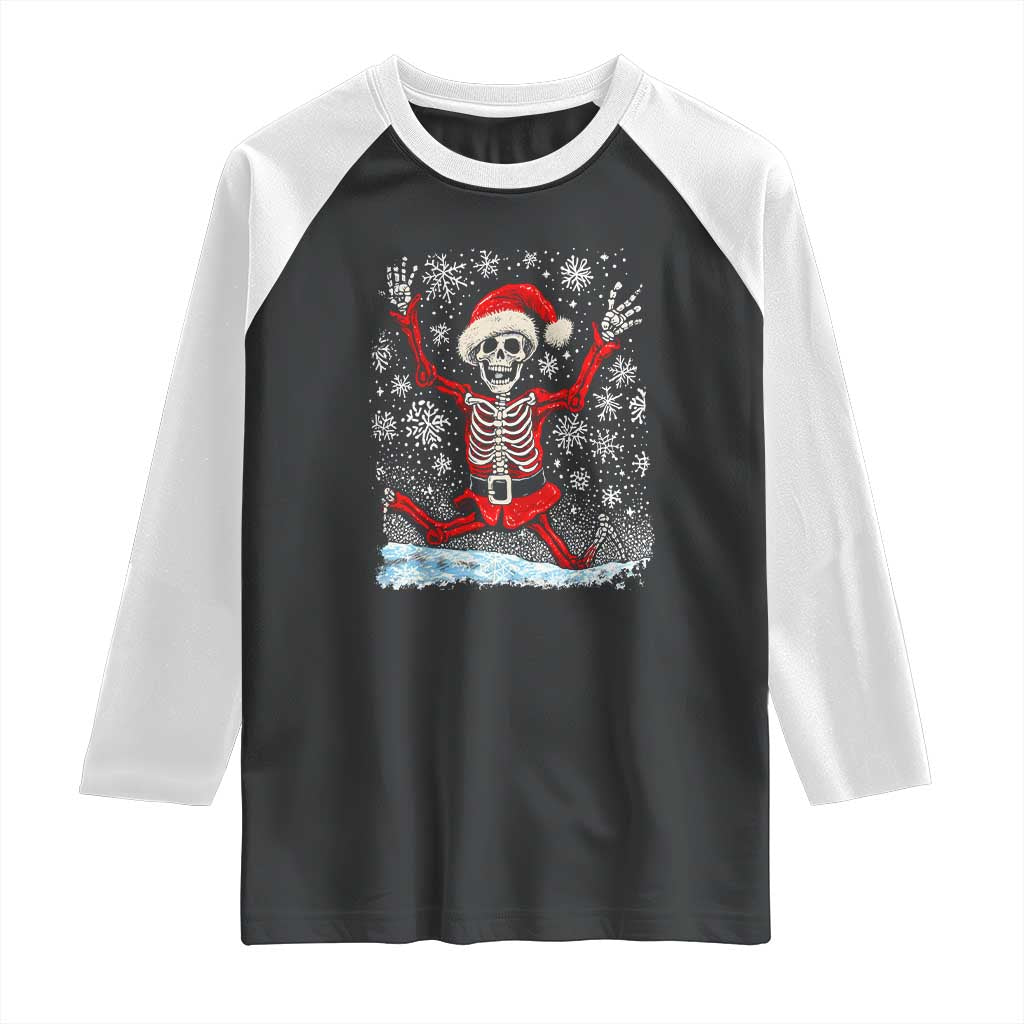 Dancing Skeleton Christmas Raglan Shirt Snowy Xmas Night Santa