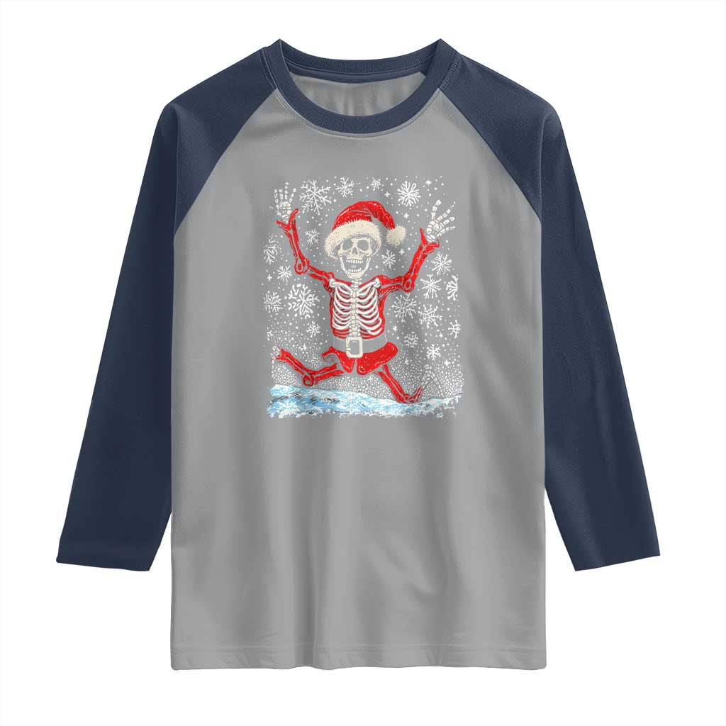 Dancing Skeleton Christmas Raglan Shirt Snowy Xmas Night Santa
