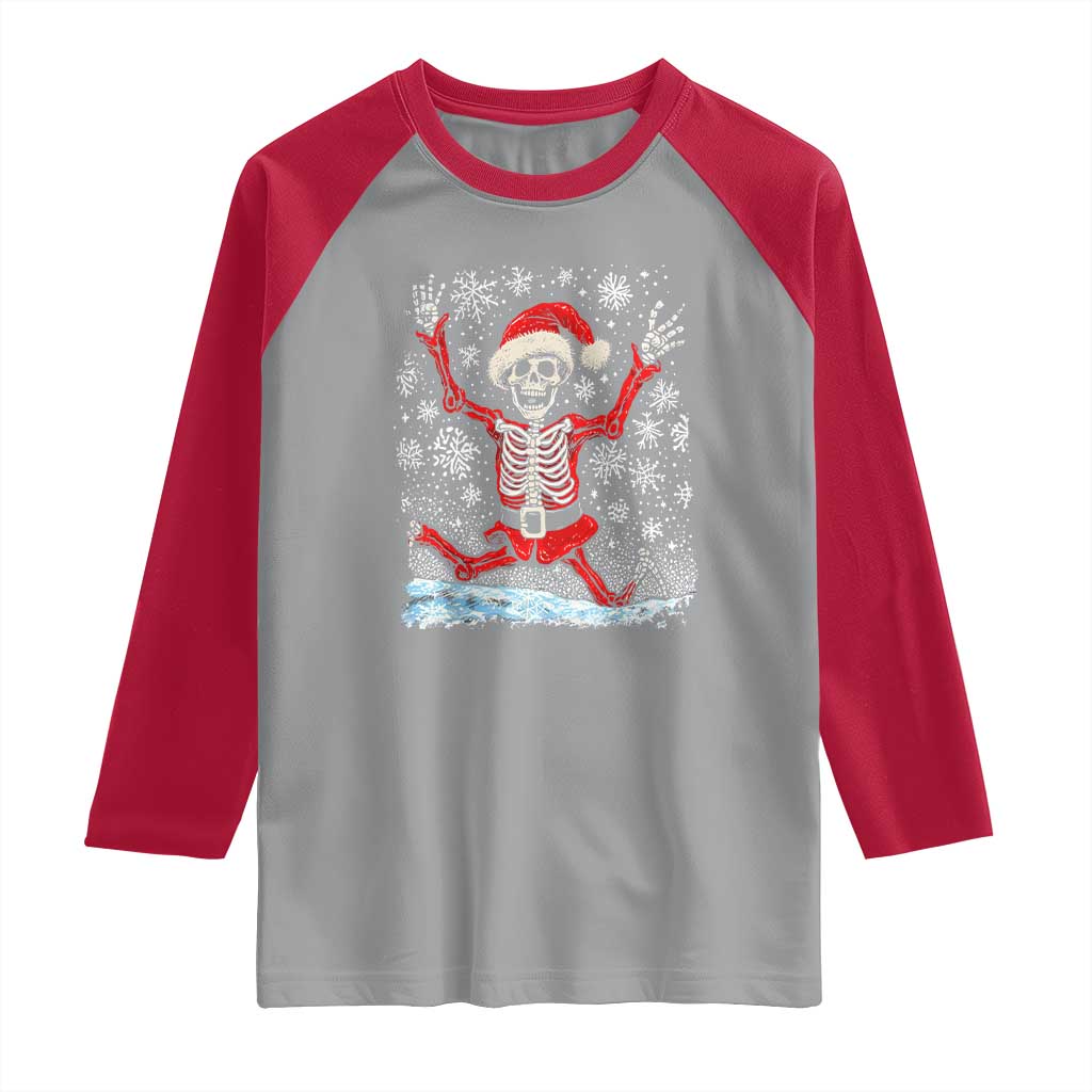 Dancing Skeleton Christmas Raglan Shirt Snowy Xmas Night Santa