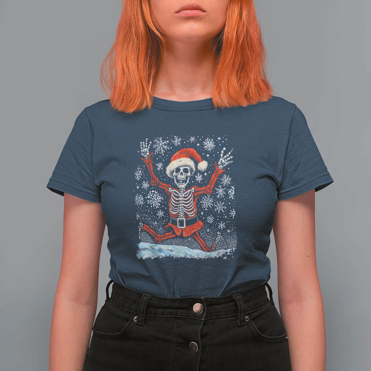 Dancing Skeleton Christmas T Shirt For Women Snowy Xmas Night Santa - Wonder Print Shop