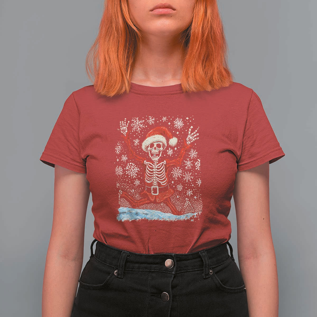 Dancing Skeleton Christmas T Shirt For Women Snowy Xmas Night Santa - Wonder Print Shop