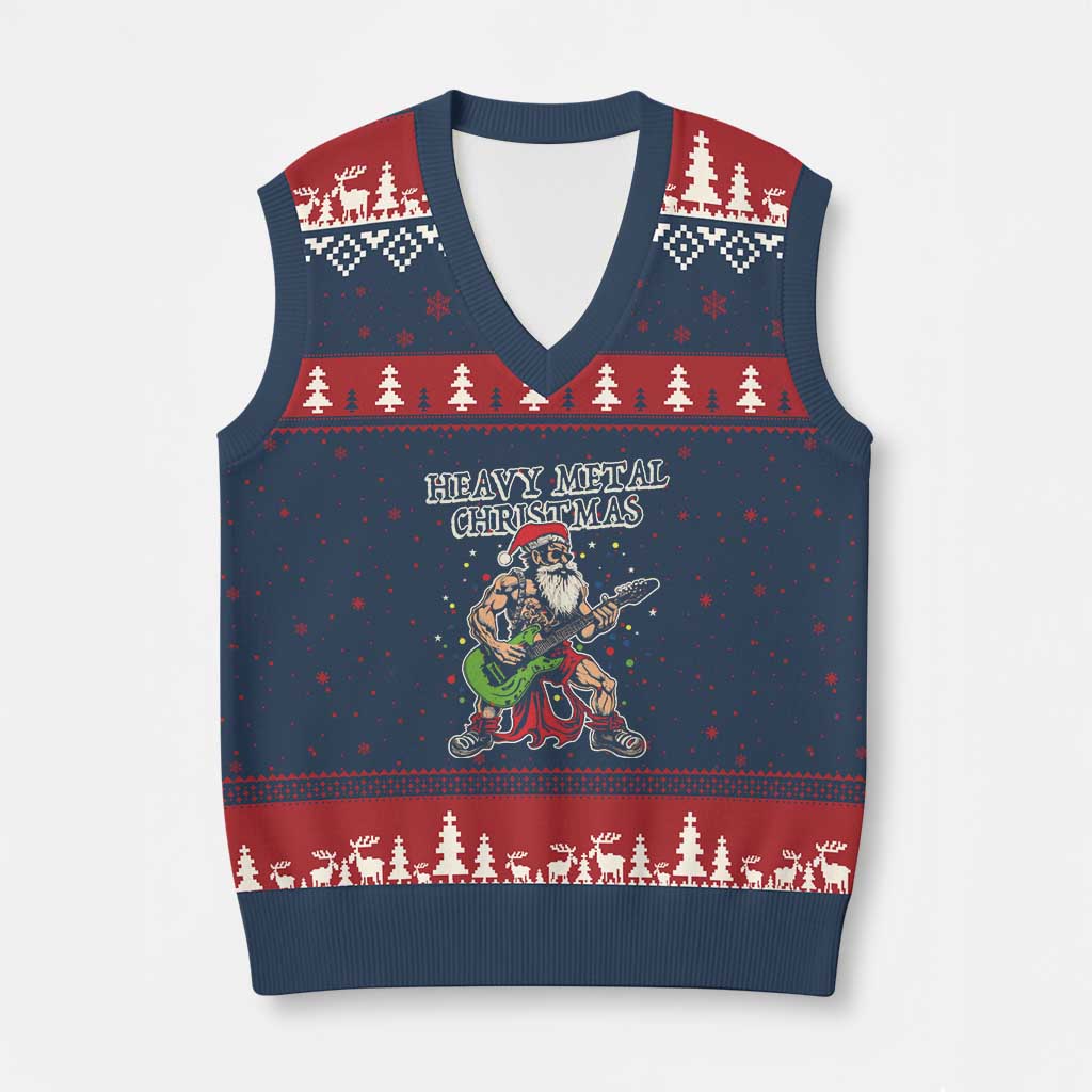 Heavy Metal Santa V-Neck Knit Sweater Vest Playing Guitar Xmas Rock Music Lover - Wonder Print Shop