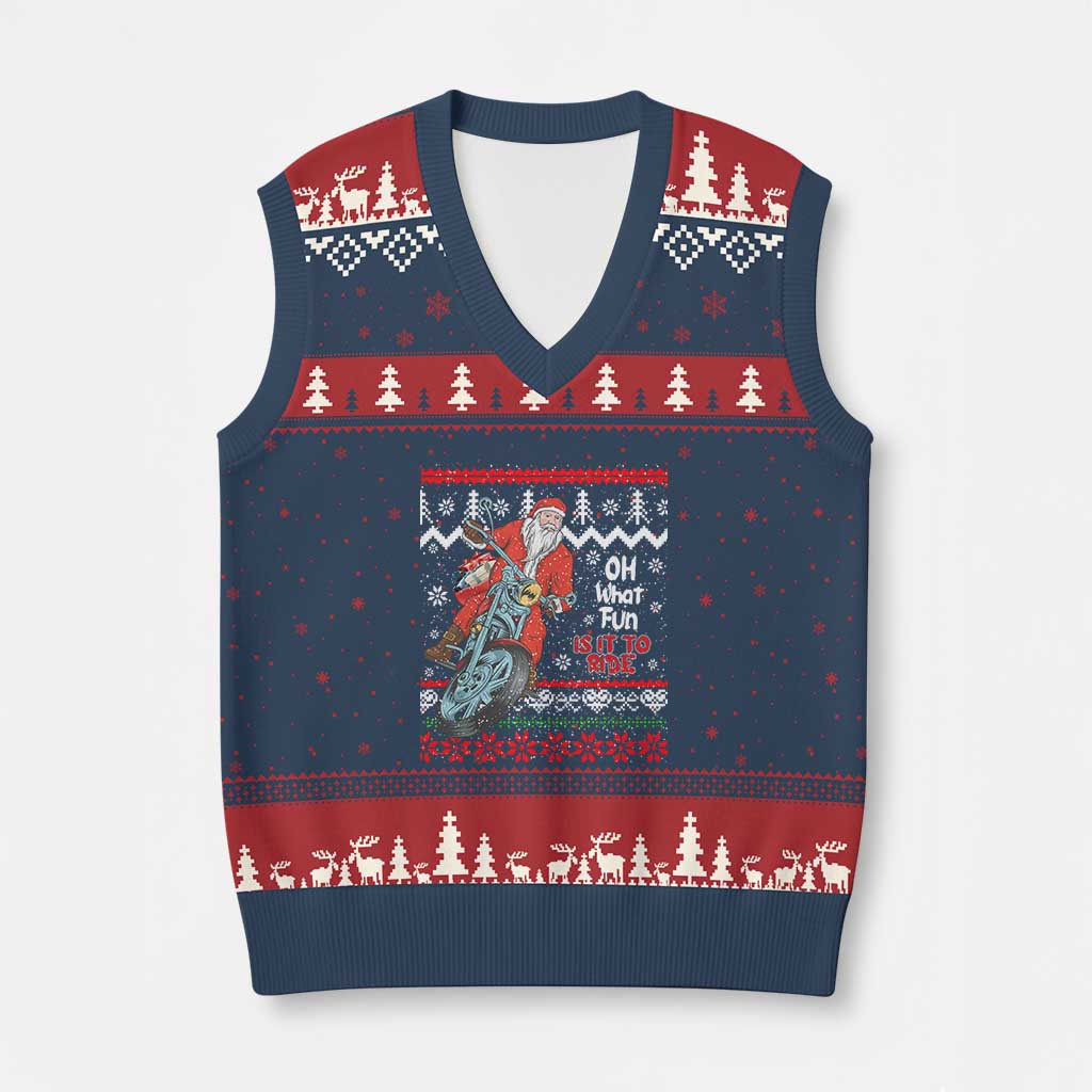 Biker Santa Claus V-Neck Knit Sweater Vest Xmas Motorcycle Oh What Fun It Is To Ride Ugly Sweater - Wonder Print Shop
