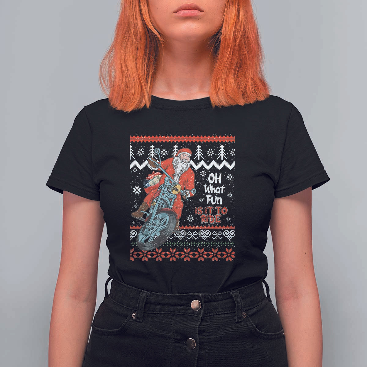 Biker Santa Claus T Shirt For Women Christmas Motorcycle Oh What Fun It Is To Ride Ugly Sweater - Wonder Print Shop